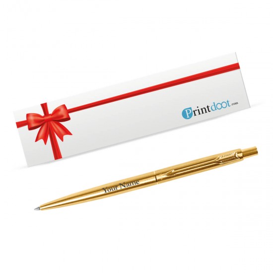 Printdoot Personalized and Customized Parker Classic Gold Trim Ball Pen with Metal Box Name Engraved on Both, Stainless Steel (1 Unit, Ink Color - Blue), Ideal for gifting, Thanksgiving