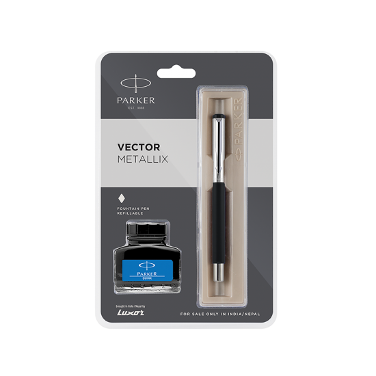 Parker Vector Metallix Fountain Pen (F) Black with Quink Ink Bottle