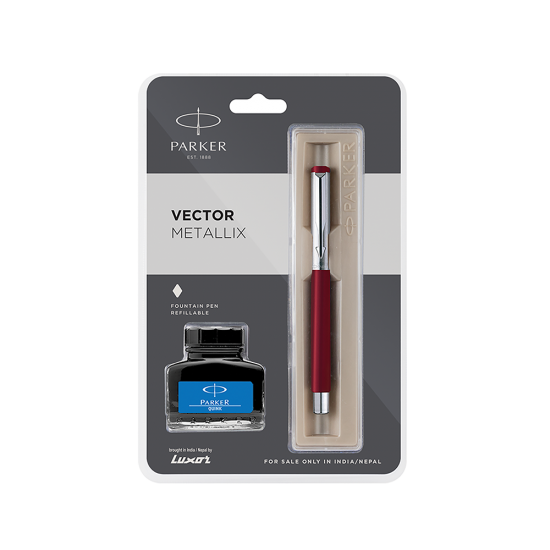 Parker Vector Metallix Fountain Pen (F) Red with Quink Ink Bottle