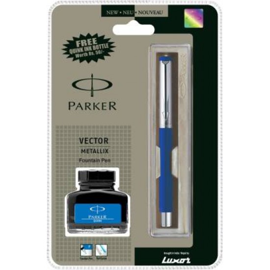 Parker Vector Metallix Fountain Pen (F) Blue with Quink Ink Bottle