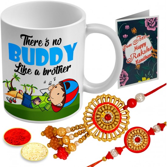 Printdoot.com Designer Rakhi combo for Bahiya Bhabhi - Lumba Pair Set, Roli Chawal and Ceremic mug (ThereIsNoBuddy)